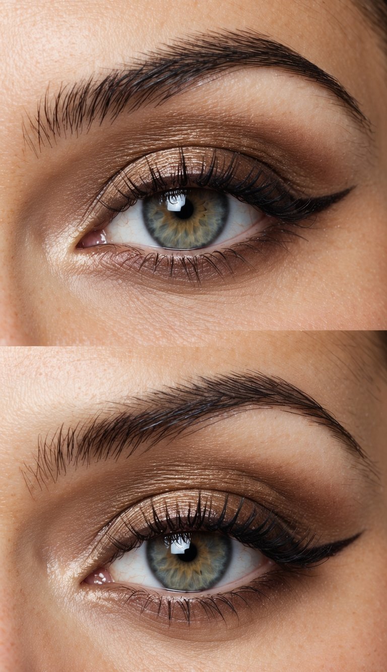 A close-up of an eye with a soft bronze smokey eye makeup look, with subtle shimmer and defined crease, creating a gorgeous and easy style for beginners
