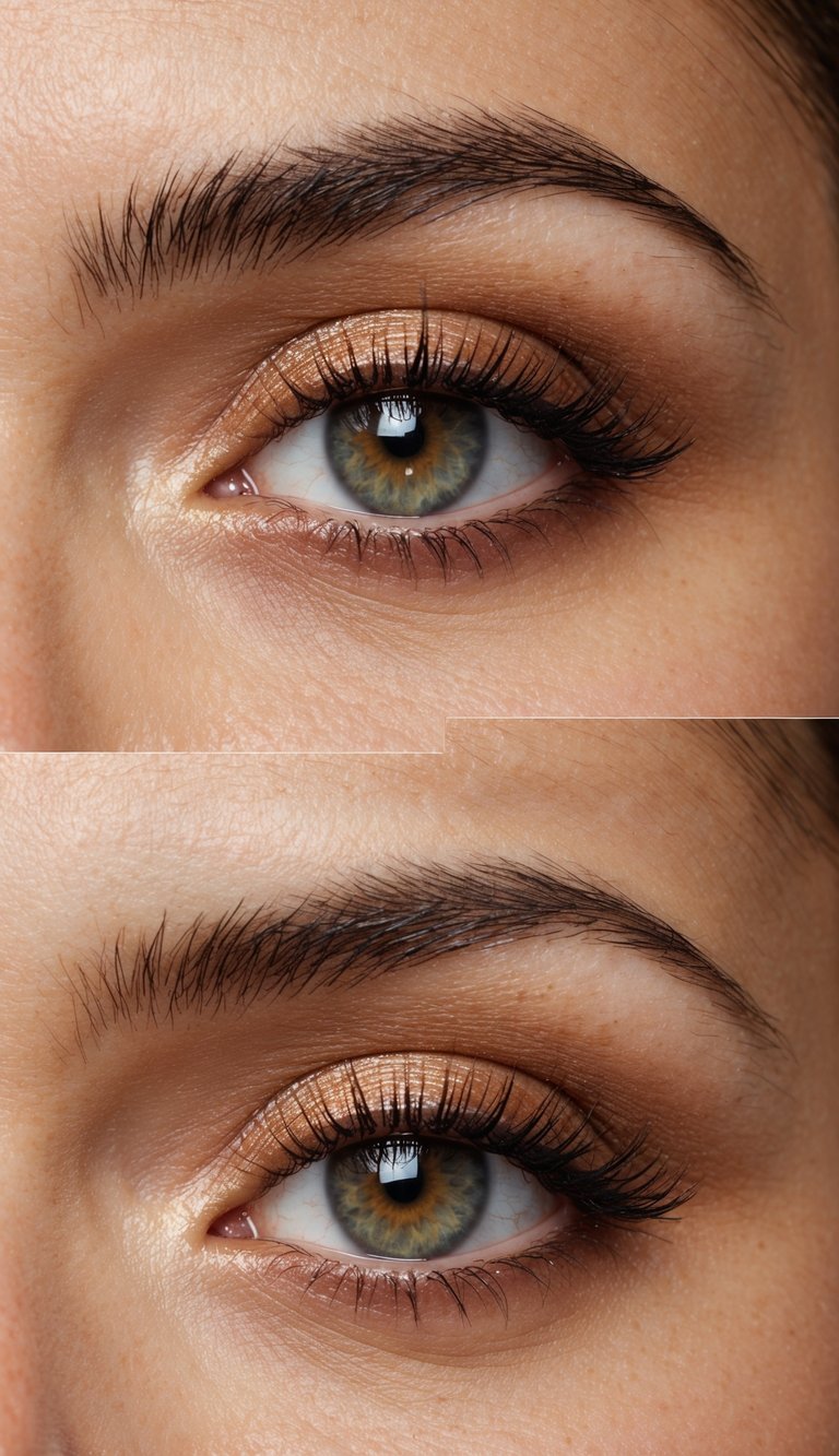 A close-up of an eye with soft copper highlights and simple, elegant makeup