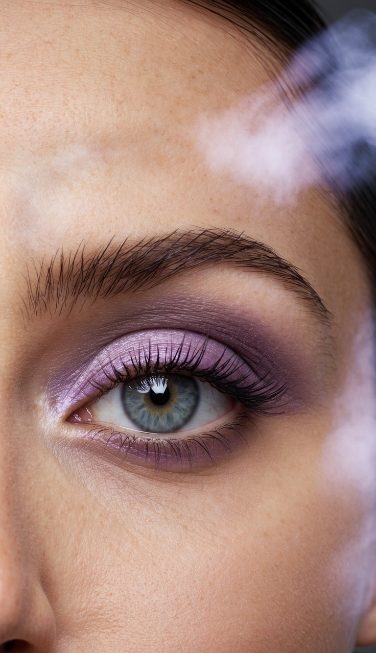 A close-up of an eye with a soft lavender eyeshadow blending into a misty, dreamy background