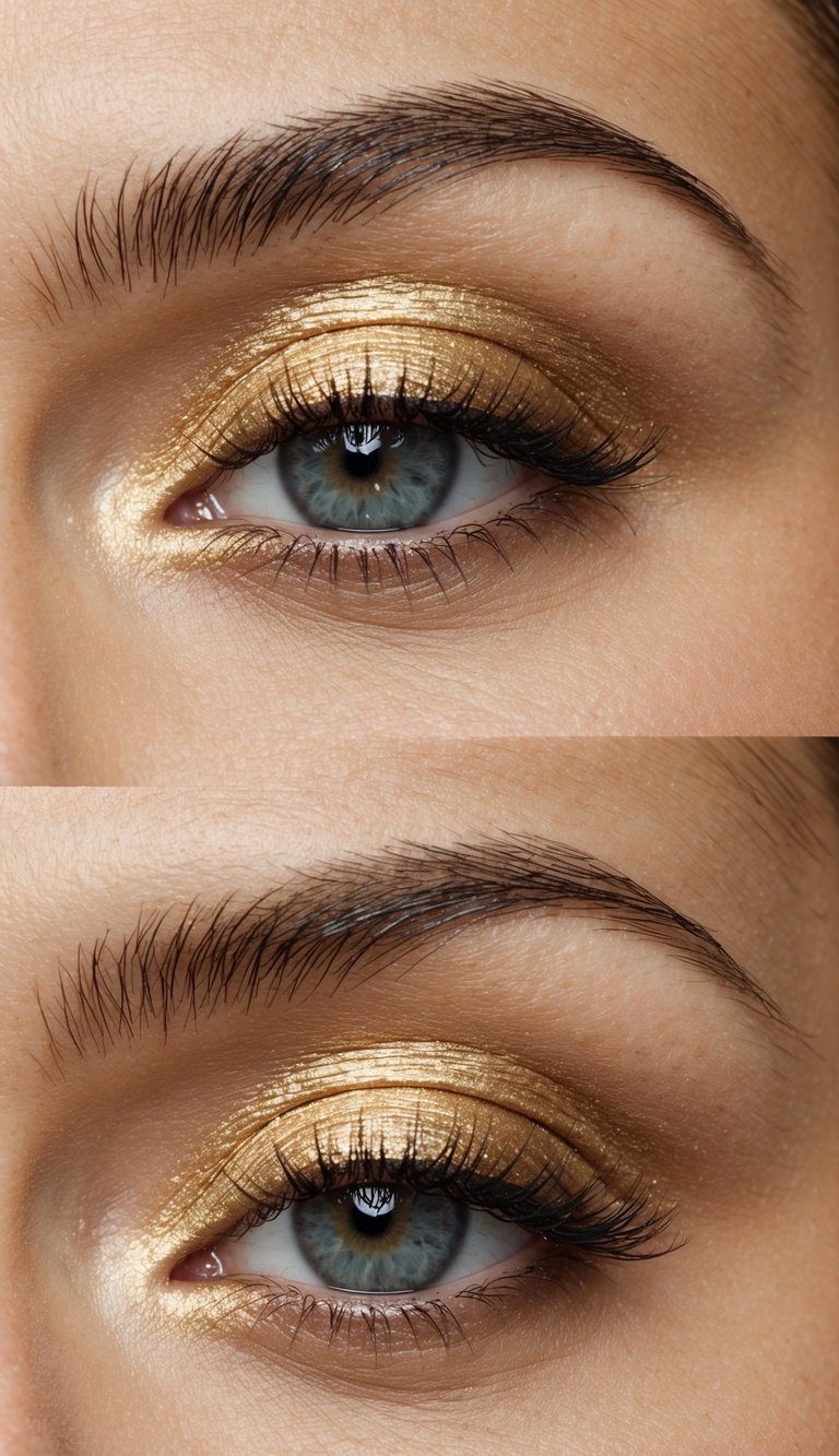 Golden eyeshadow shimmering subtly on a neutral-toned eyelid, with a soft, blended transition to a darker shade in the crease