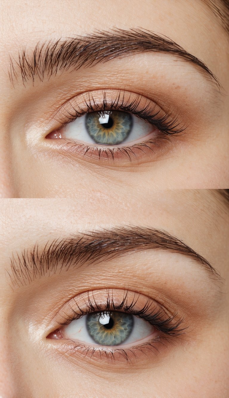 A close-up illustration of an eye with a soft peach eyeshadow and subtle shimmer, creating a fresh and natural look