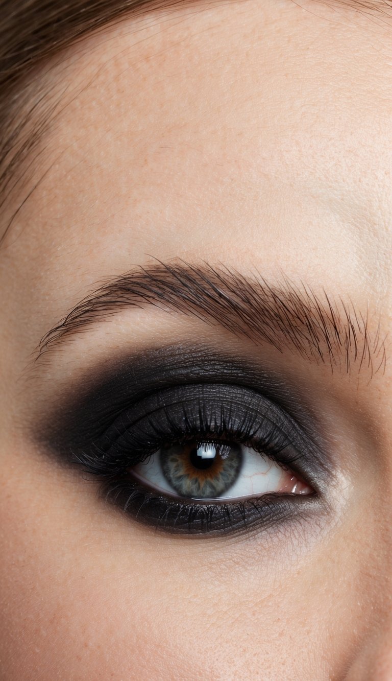A close-up of a classic smokey eye with matte black and gray shades, showcasing soft glam inspiration for eye makeup