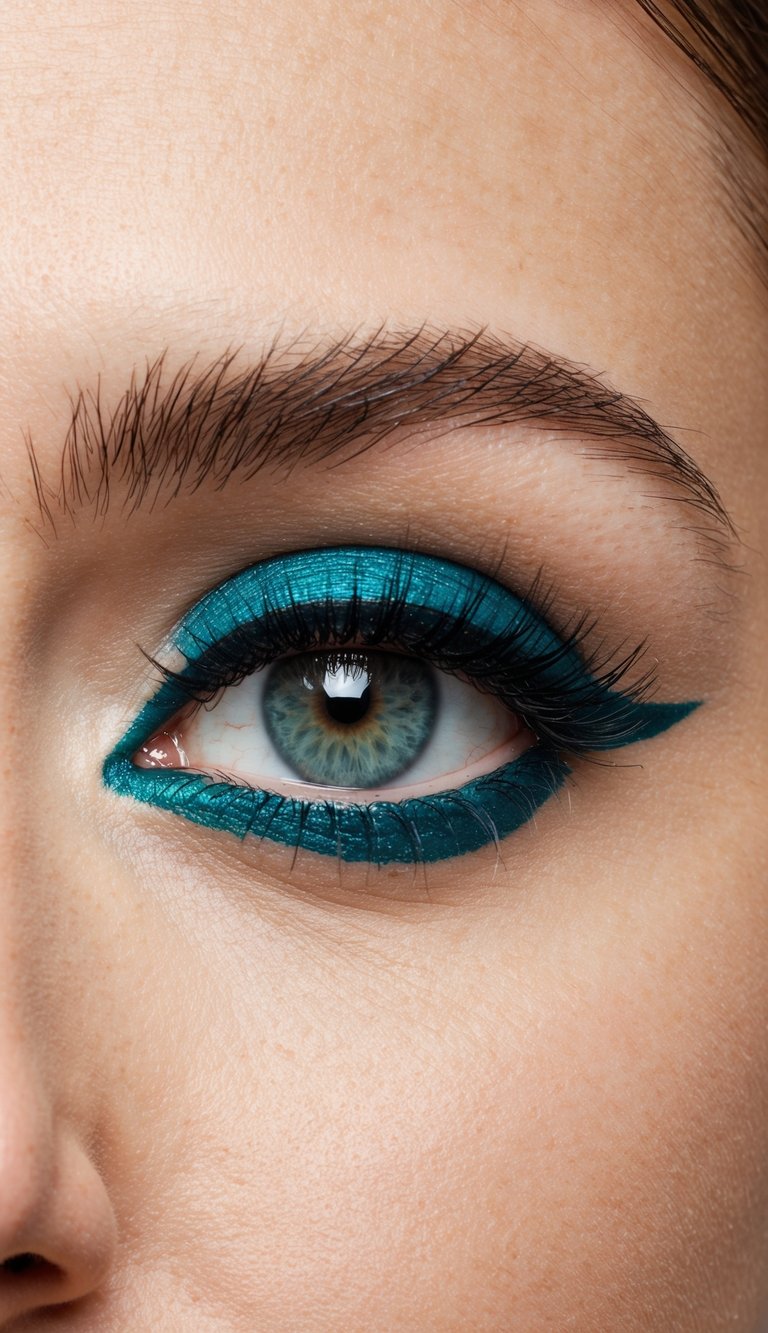 Electric teal eyeliner smudged for drama on a model's eye. Soft glam makeup inspiration
