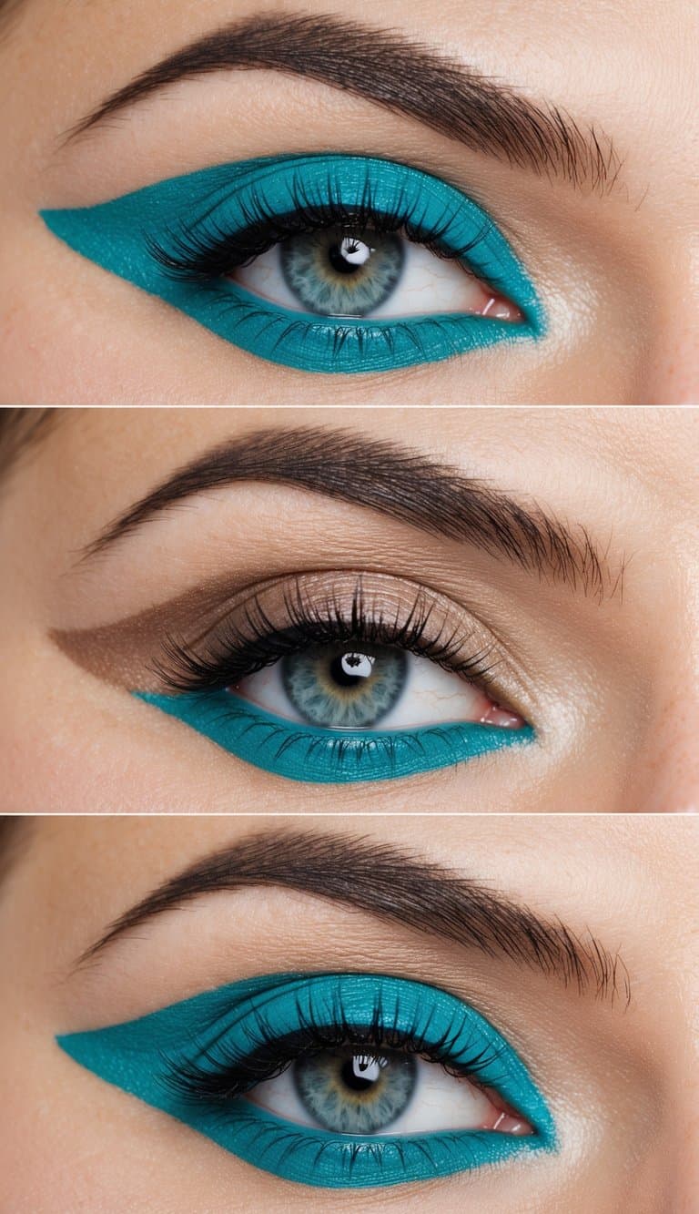 A close-up of a bright turquoise eyeliner paired with neutral eyeshadow, creating a bold and colorful eye makeup look