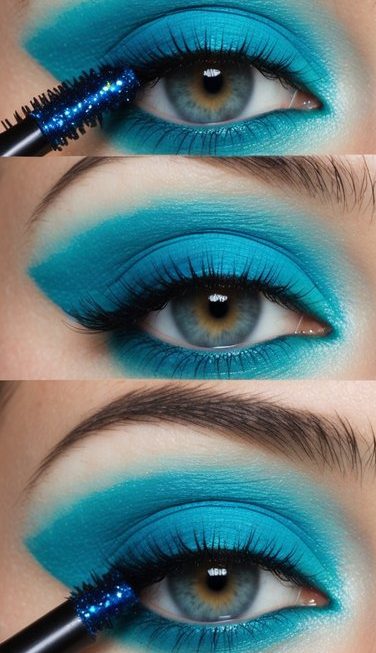 Vibrant electric blue mascara accentuates colorful eye makeup looks in various shades