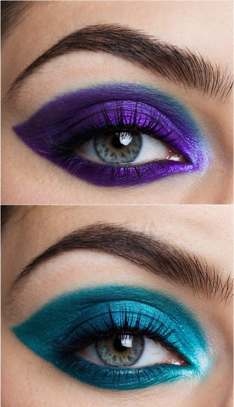 Vibrant purple and aqua eyeshadow blend together in a striking smokey eye look
