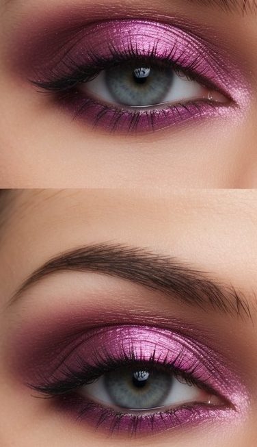 Rose gold and violet eye makeup look with bold, colorful shades