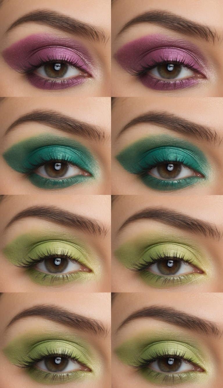 Mauve and chartreuse eye shadows blend in a vibrant, colorful display