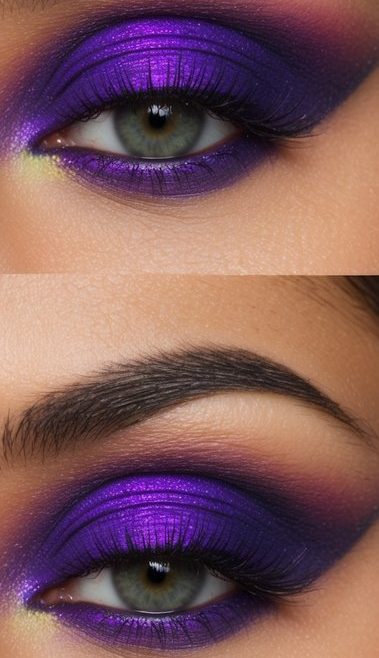 Royal purple and neon green eyeshadows in a vibrant, eye-catching makeup look