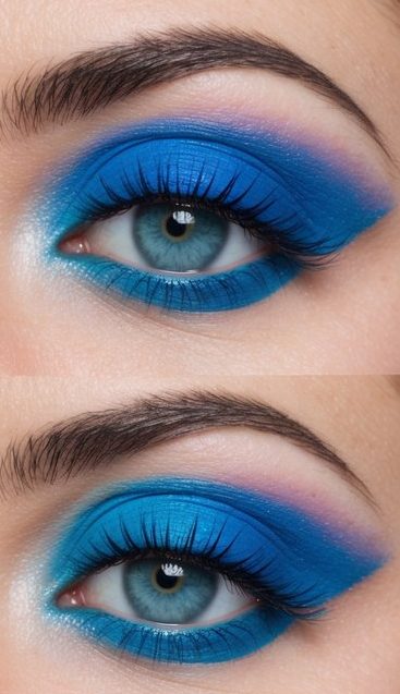 A pink frosted lid with blue mascara stands out among 50 colorful eye makeup looks, featuring bold blues and radiant reds