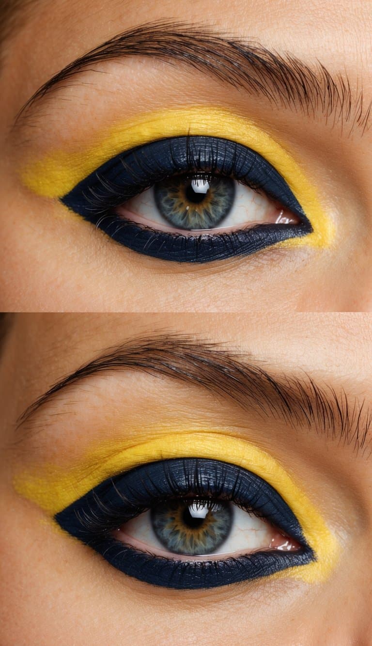 Sunshine yellow and navy blue eyeshadow blend on a clean, unadorned eyelid