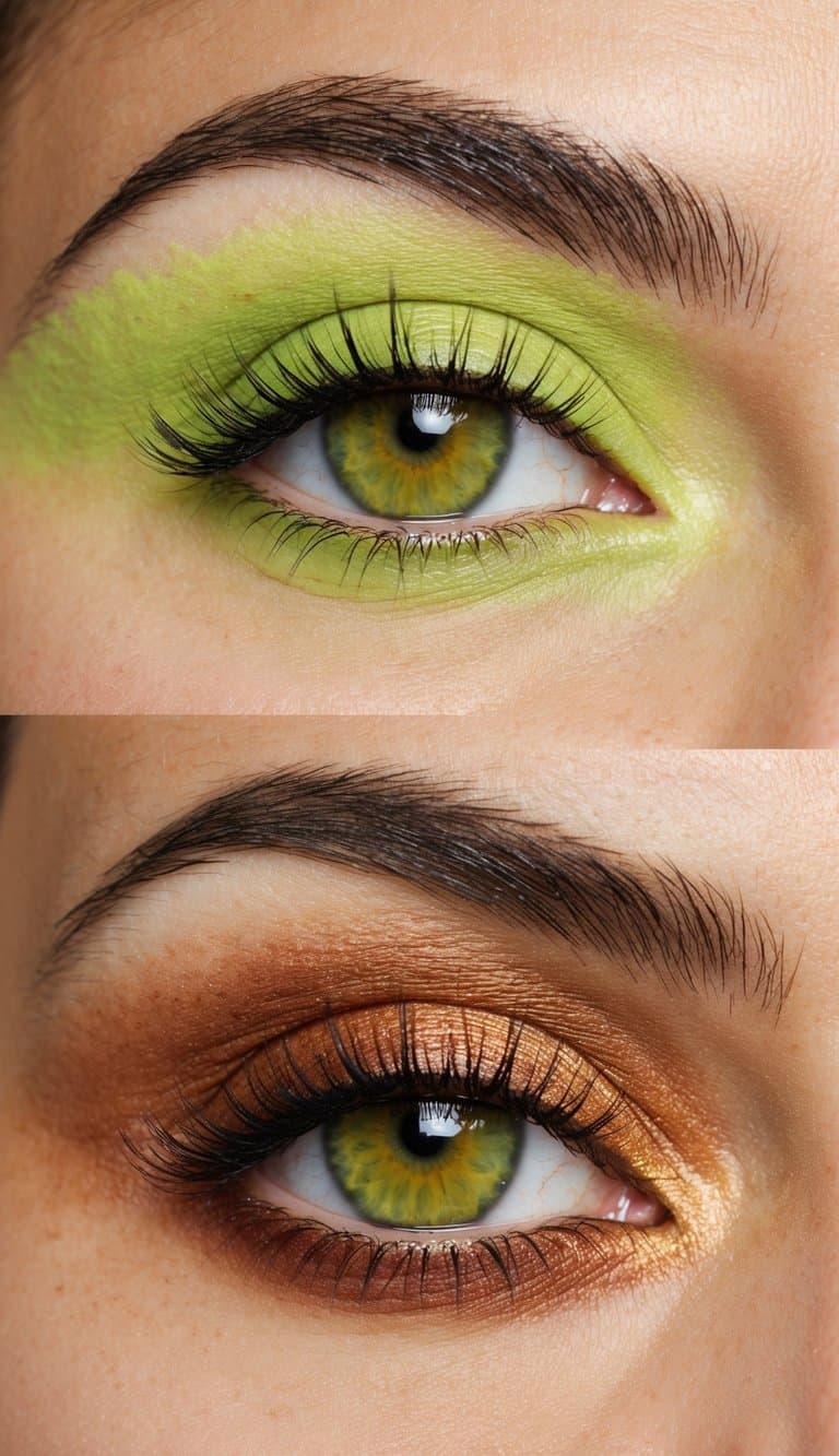 Vibrant lime green and toasty bronze eyeshadows create a striking color contrast in a bold and colorful eye makeup look