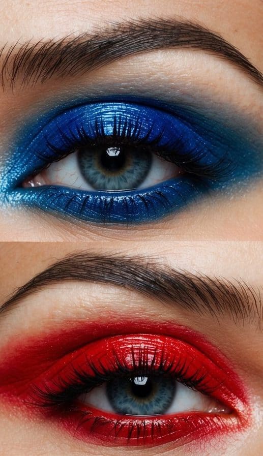 Vibrant red and blue eyeshadows with a glossy wet look