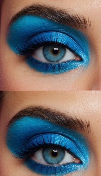 Vibrant eyeshadow palette with bold blues and radiant reds, set against a backdrop of bright orchid and champagne colors