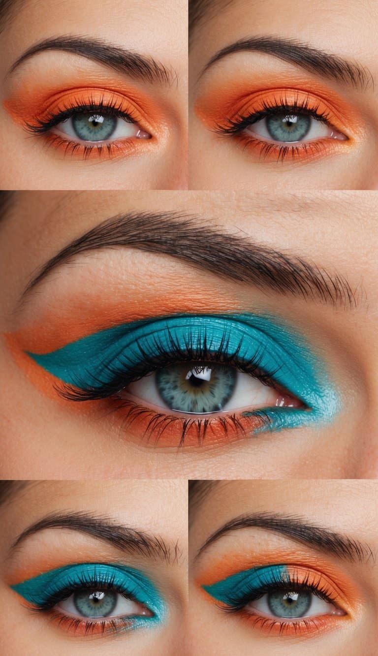 Vibrant orange and turquoise eye makeup look with a bold pop of color on the lower lid