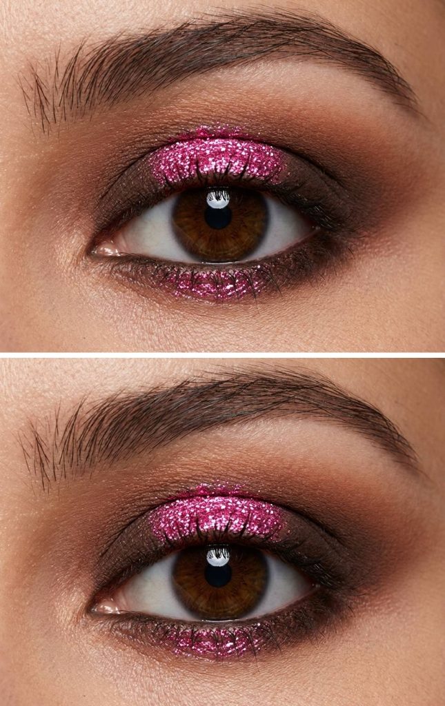 Vibrant halo eye makeup style with a glittery fuchsia lid center framed by blended brown shadows on the crease and lash line.