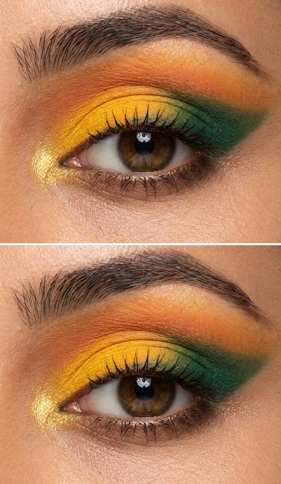Haldi eye makeup look with marigold yellow, soft orange, and rich green eyeshadow blended across the lid in a smooth gradient.
