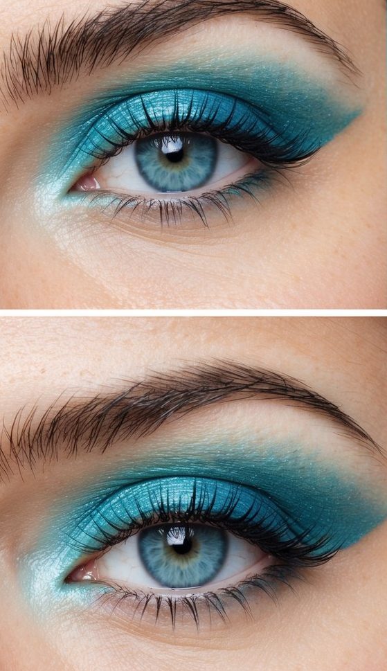 A serene beach scene with clear blue waters and a cloudless sky, capturing the essence of the refreshing and vibrant aqua-toned eye makeup