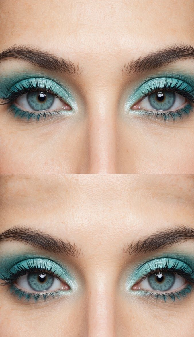 A close-up of a pair of eyes with vibrant aqua-toned eye makeup, creating a refreshing and seafoam ombre effect
