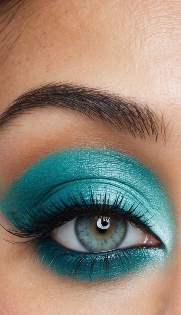 A close-up of a pair of eyes with refreshing and vibrant aqua-toned eye makeup