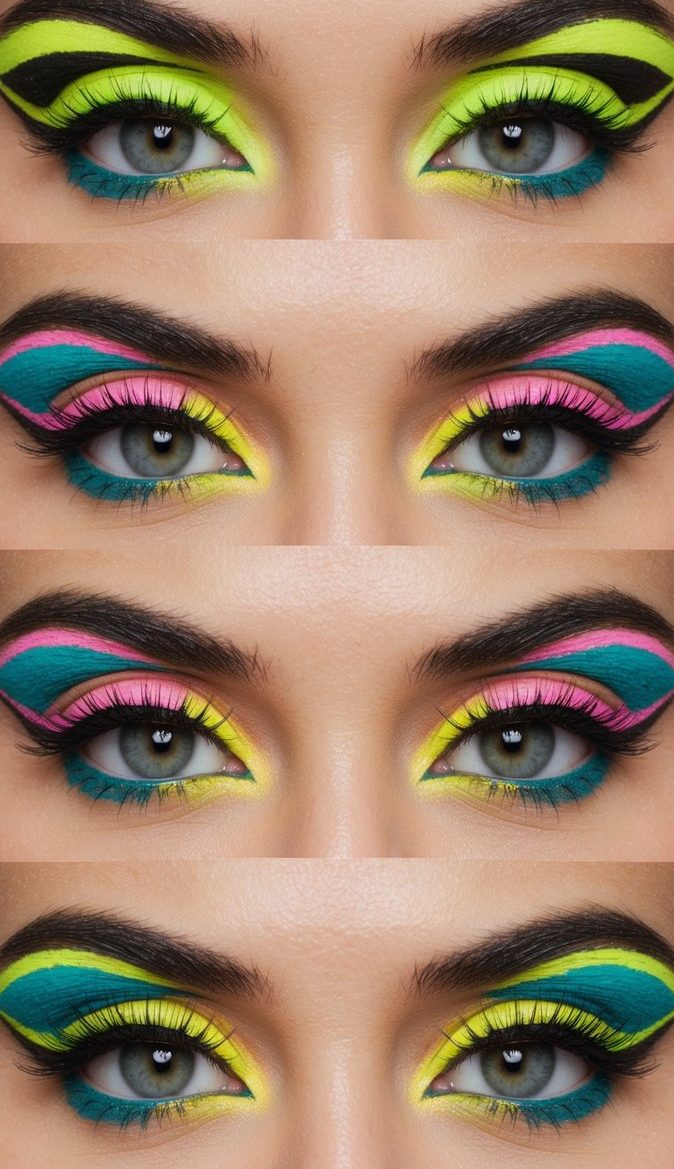 A close-up of a pair of eyes with vibrant neon green graphic liner, surrounded by bright and colorful eye makeup in various playful designs