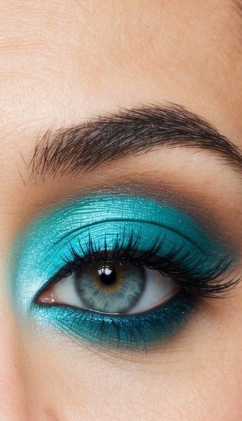 A close-up of a pair of eyes adorned with refreshing and vibrant aqua-toned eye makeup, with a focus on the intricate details and blending of the colors