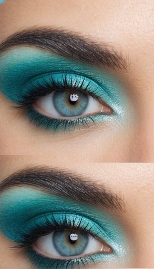 A close-up of a pair of eyes with vibrant aqua-toned eye makeup, surrounded by a refreshing sky blue watercolor background