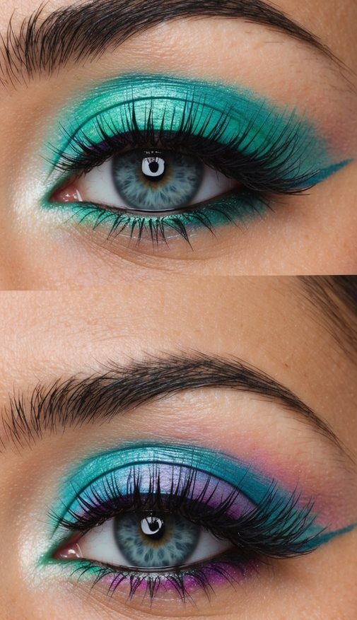 A close-up of vibrant and playful eye makeup looks with electric mint surprise and 50 bright colorful shades