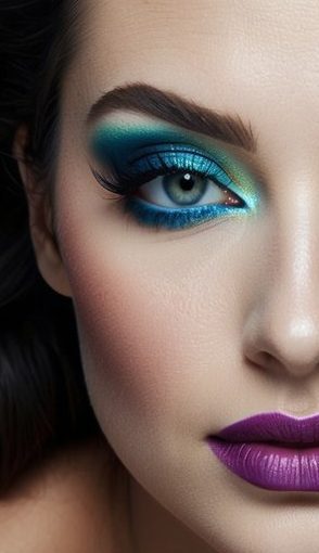 A mystical mermaid with colorful smokey eye makeup swimming among vibrant coral reefs and shimmering sea creatures
