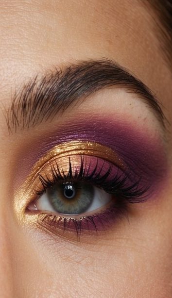 A vibrant palette of cranberry, purple, and gold eyeshadows arranged in a gradient pattern, with a smudged, smokey effect