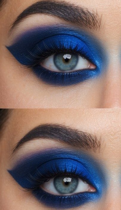 A close-up of vibrant blue eye makeup with a frosted navy glow