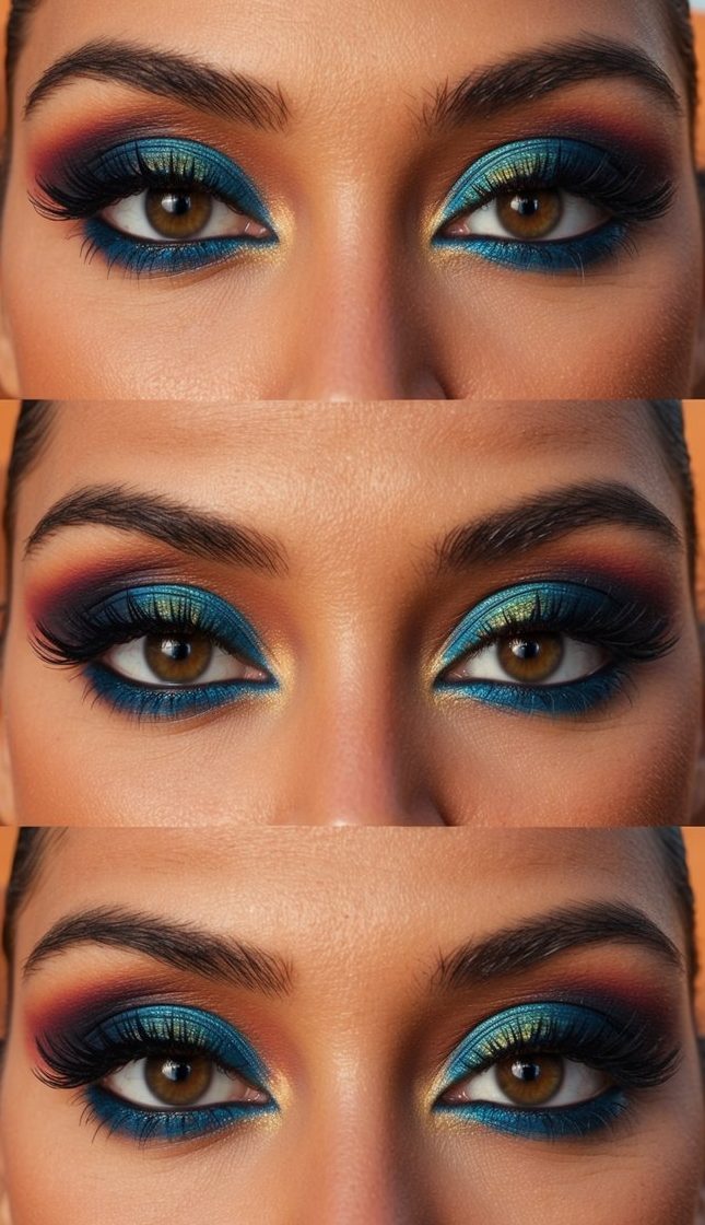 Vibrant sand dunes at sunset, with dramatic, colorful smokey eye makeup blending seamlessly into the warm, sultry atmosphere