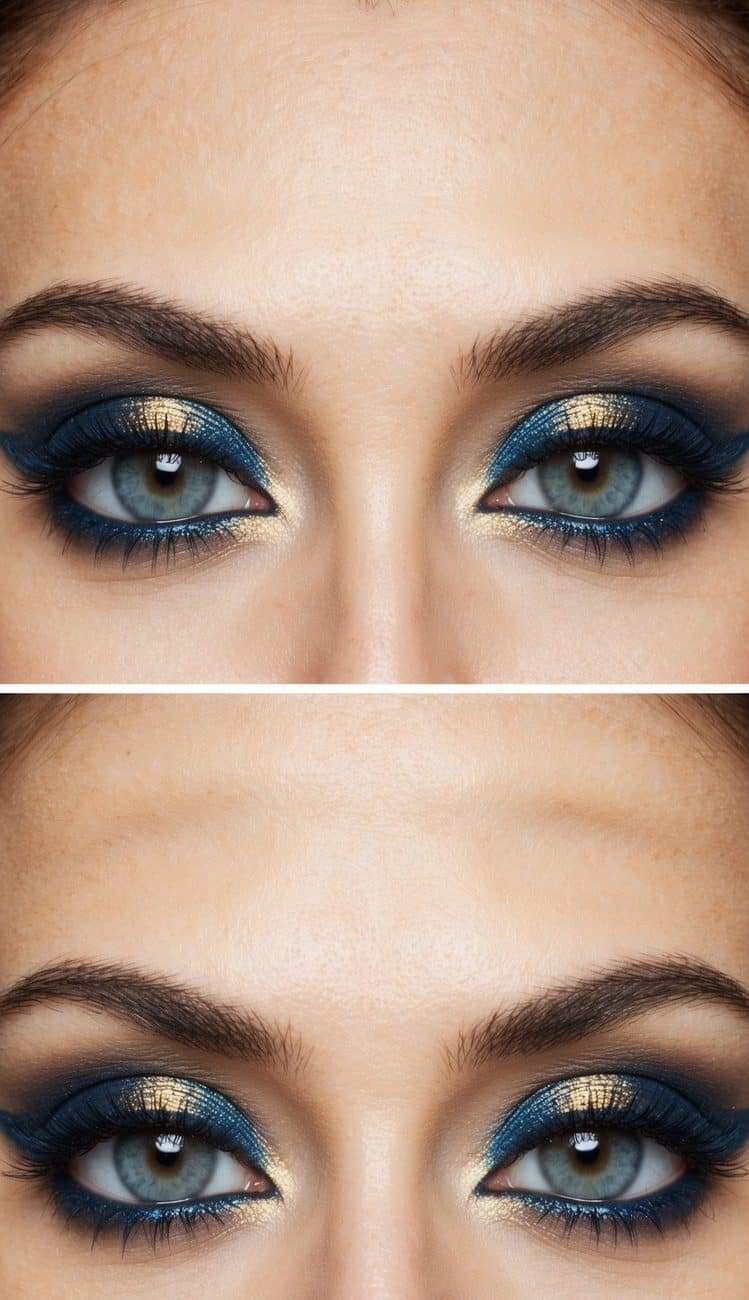 A close-up of a pair of eyes with oceanic blue and gold eye makeup, showcasing an elegant and luxurious look