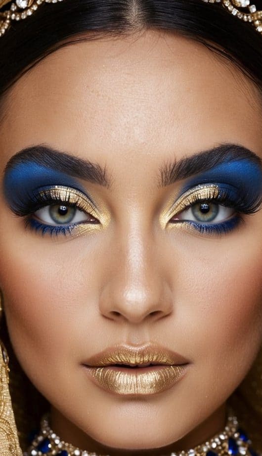 A close-up of a regal eye with intricate blue and gold makeup, surrounded by luxurious fabrics and sparkling jewels