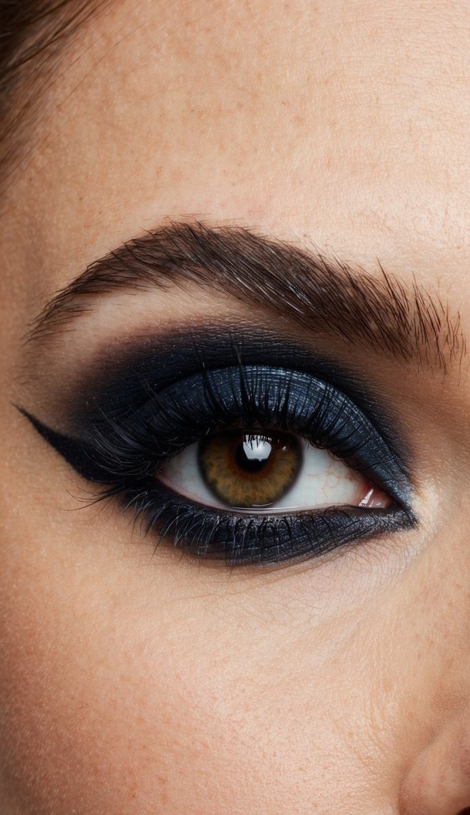 A close-up of a dramatic eye with bold, dark shadows and edgy details