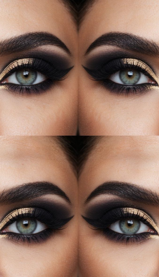A close-up of a pair of eyes with bold and dramatic makeup, featuring dark shadows and illuminated inner corners