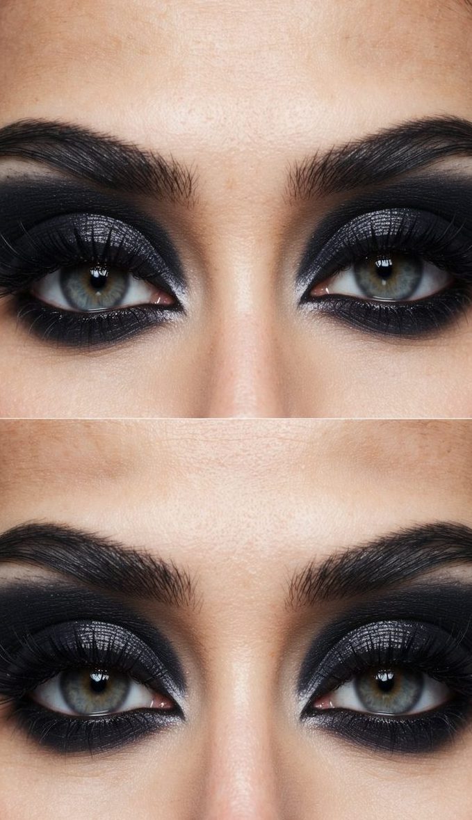 A close-up of a pair of eyes with bold and dramatic makeup, featuring dark shadows and sharp lines, creating an edgy and mysterious look
