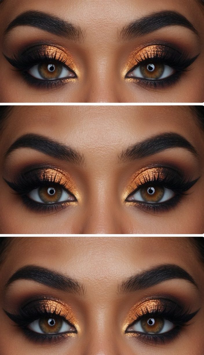 A fiery sunset casting a shimmering glow over a dramatic skyline, with bold and edgy eye makeup looks in the foreground