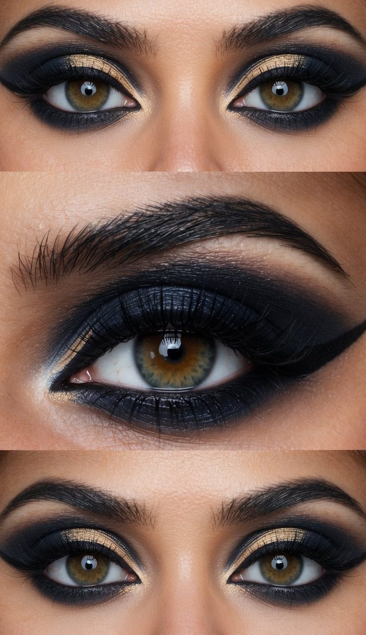 A close-up of a bold and dramatic eye makeup look with dark shadows and bold edge highlight