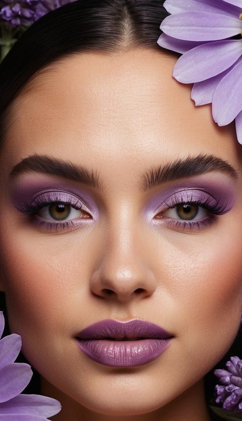 A close-up of a lavender eyeshadow palette surrounded by blooming lavender flowers