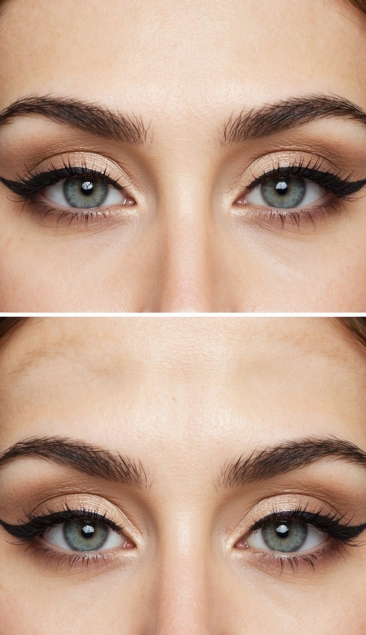 A close-up of a pair of eyes with neutral-toned eyeshadow and a subtle winged eyeliner, ready for a festival