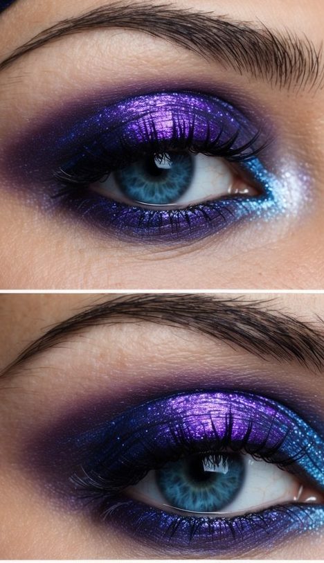 Vibrant swirls of deep purple, shimmering silver, and electric blues against a backdrop of starry night sky