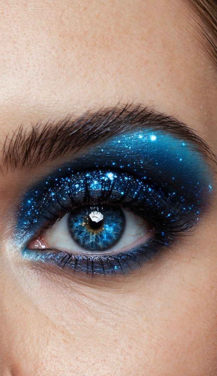 A starry night sky with shimmering galaxies reflected in the corners of twinkling eyes