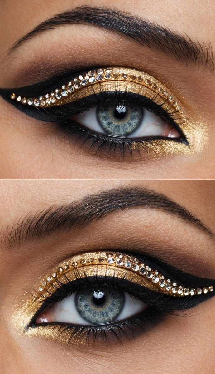A close-up of a single eye with bold gold eyeliner and sparkling rhinestones, creating a dramatic and eye-catching makeup look