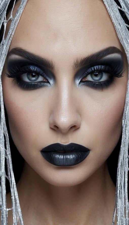 A silver webbed drape hangs behind a dramatic, gothic-inspired eye makeup look
