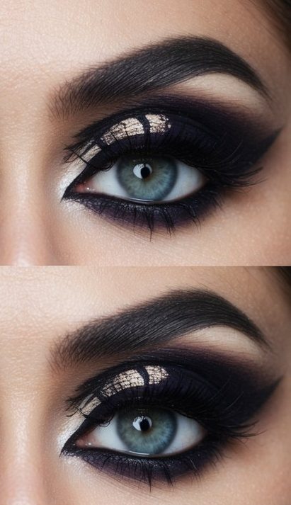 A close-up of a dramatic gothic eye makeup look with dark and bold colors, incorporating intricate designs and patterns