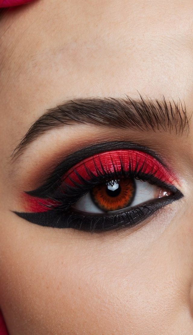A close-up of a striking eye with dramatic red and black makeup, surrounded by rose petals and heavenly touches
