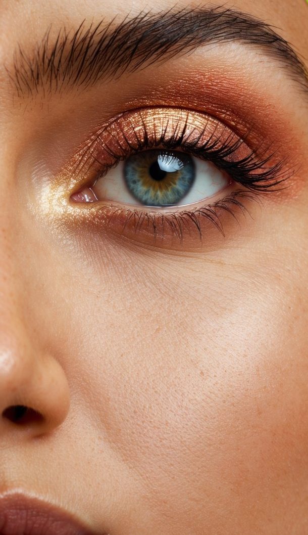 A close-up of an eye with rose gold shimmer eyeshadow, surrounded by bright and vibrant summer-inspired colors
