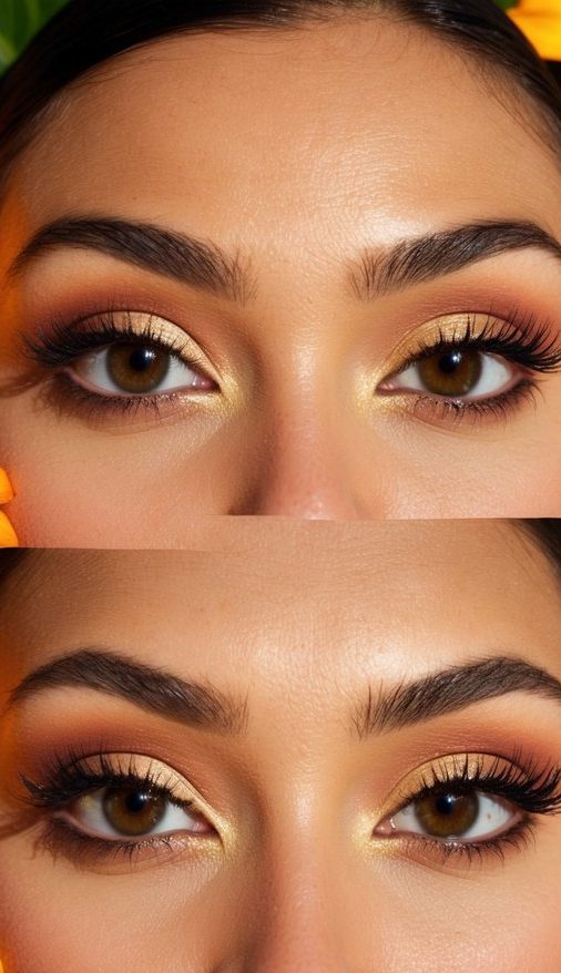 A sunny beach scene with colorful tropical flowers and vibrant fruits scattered around, casting a warm glow on the vibrant summer-inspired eye makeup looks