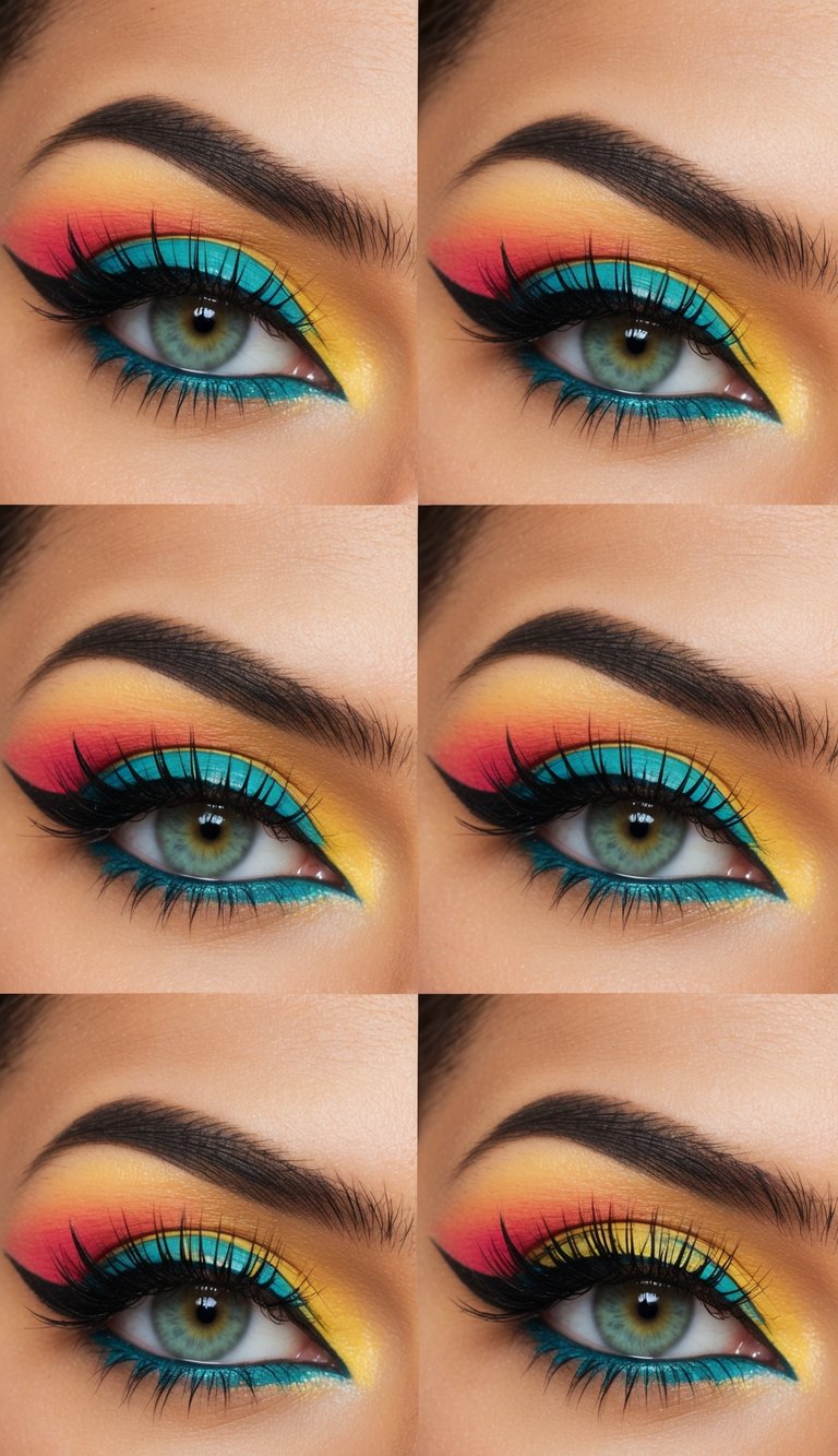 Bright and vibrant summer eye makeup looks featuring bold eyeliner flicks and tropical colors